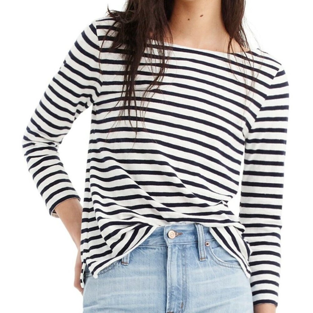 J Crew Boatneck T-Shirt in Classic Stripe - 3/4 sleeve - Ivory/Navy - Size XS